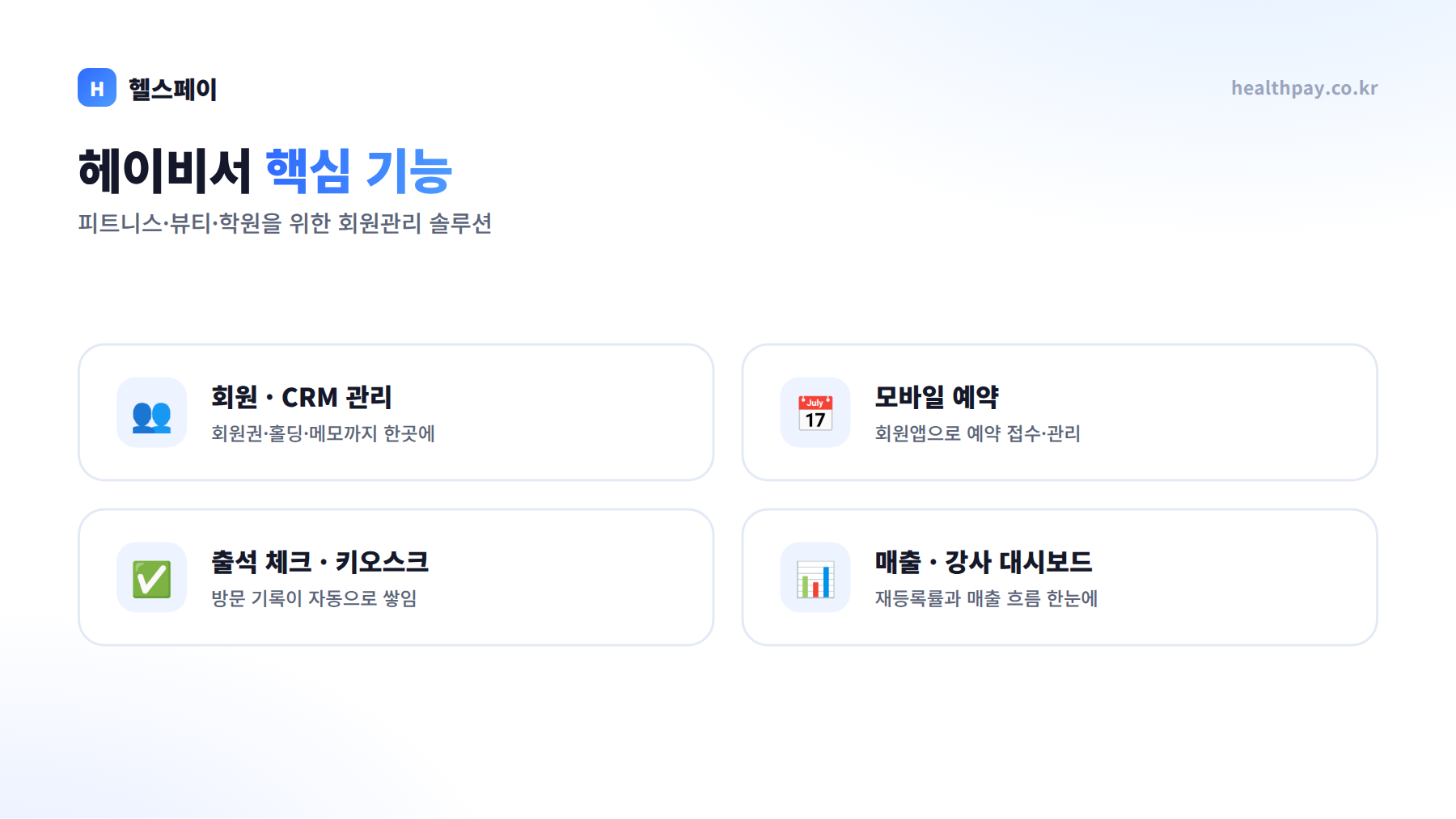 헤이비서 핵심 기능 — 회원 CRM, 모바일 예약, 출석 체크 키오스크, 매출·강사 대시보드