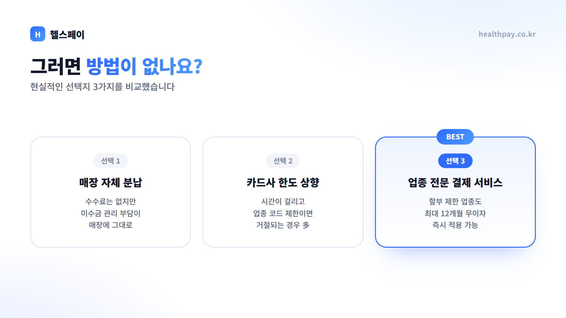 해결 방법 3가지 비교 — 자체 분납, 카드사 한도 상향, 업종 전문 결제 서비스