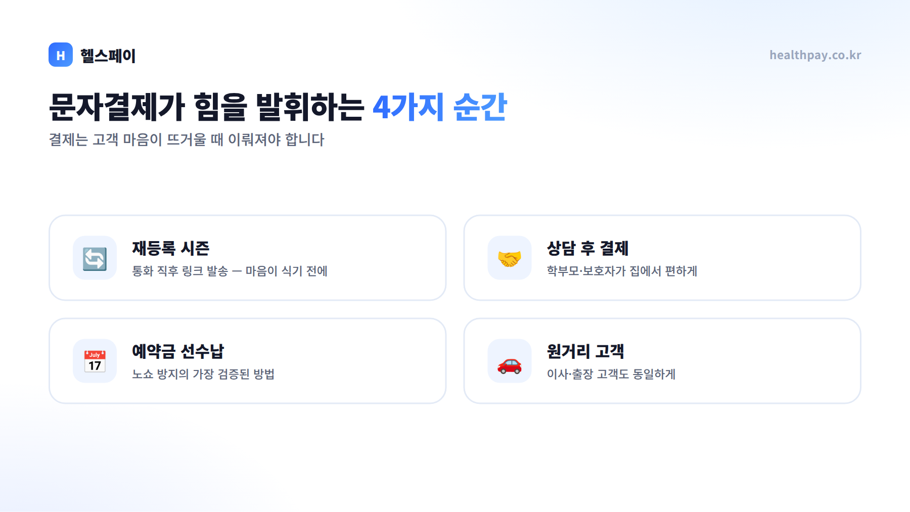 문자결제가 힘을 발휘하는 4가지 순간 — 재등록 시즌, 상담 후 결제, 예약금 선수납, 원거리 고객
